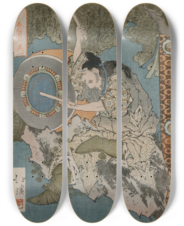Triptych art skateboard deck of Totoya Hokkei The Spring Cave by Totoya Hokkei (1780-1850)
