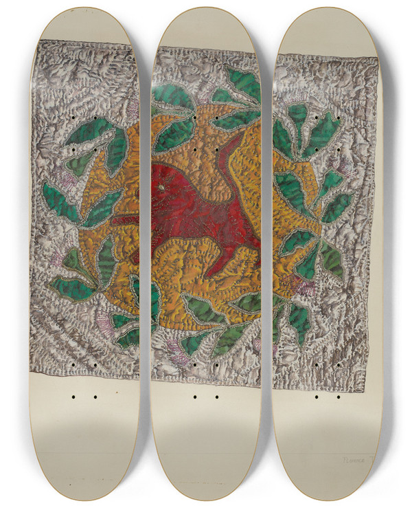 Triptych art skateboard deck of Florence Truelson Quilt Block Red Lion by Florence Truelson
