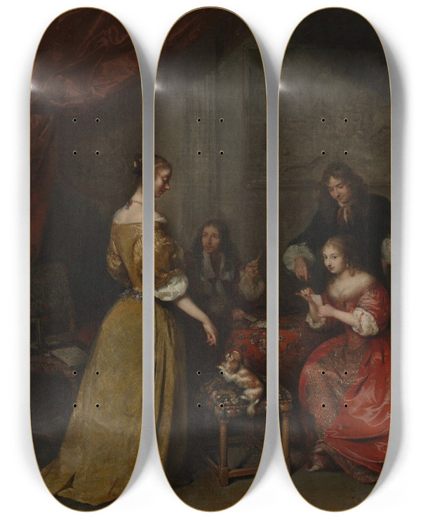 Triptych art skateboard deck of Caspar Netscher The Card Party by Caspar Netscher (1639-1684)