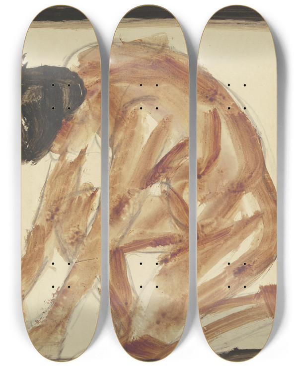 Triptych art skateboard deck of Christian Rohlfs Kneeling Nude To The Left by Christian Rohlfs (1849-1938)