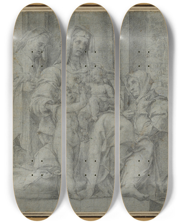 Triptych art skateboard deck of Bartolomeo Cesi Holy Family With Saint John The Baptist Adored By An Unidentified Figure by Bartolomeo Cesi (1556-1629)