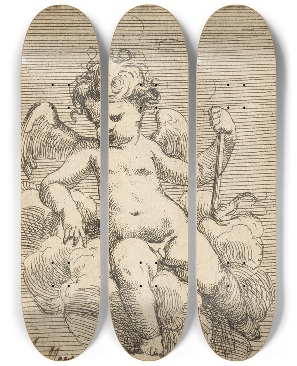 Triptych art skateboard deck of Isaac Fuller Putto Holding A Torch by Isaac Fuller (1606-1672)