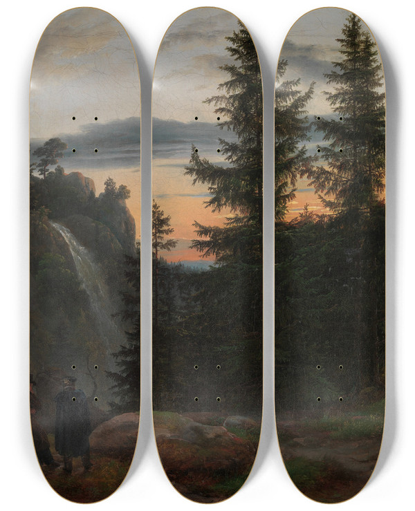 Triptych art skateboard deck of Johan Christian Dahl Two Men Before A Waterfall At Sunset by Johan Christian Dahl (1788-1857)