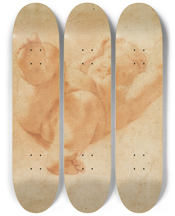 Triptych art skateboard deck of After Correggio Foreshortened Putto by After Correggio (1489-1534)
