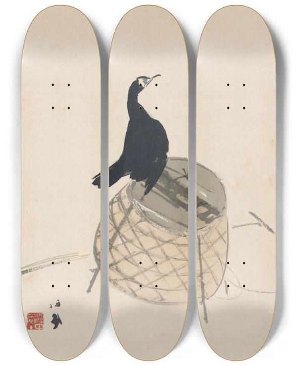 Triptych art skateboard deck of Takeuchi Seih Cormorant On Abasket by Takeuchi Seiho (1864-1942)