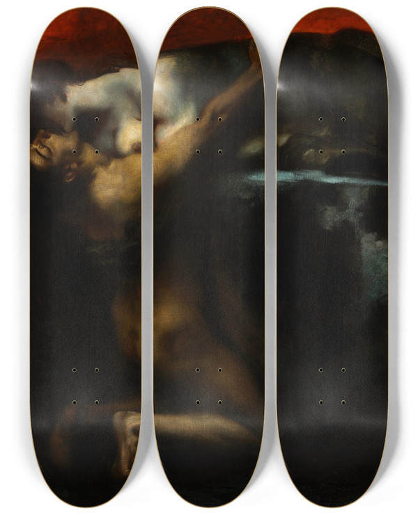 Triptych art skateboard deck of Franz Von Stuck The Kiss Of The Sphinx by Franz Von Stuck (1863-1928)