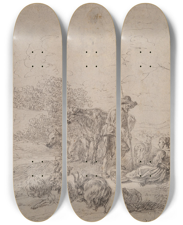 Triptych art skateboard deck of Matthys Van Den Bergh Pastoralscene by Matthys van den Bergh (1617-1687)