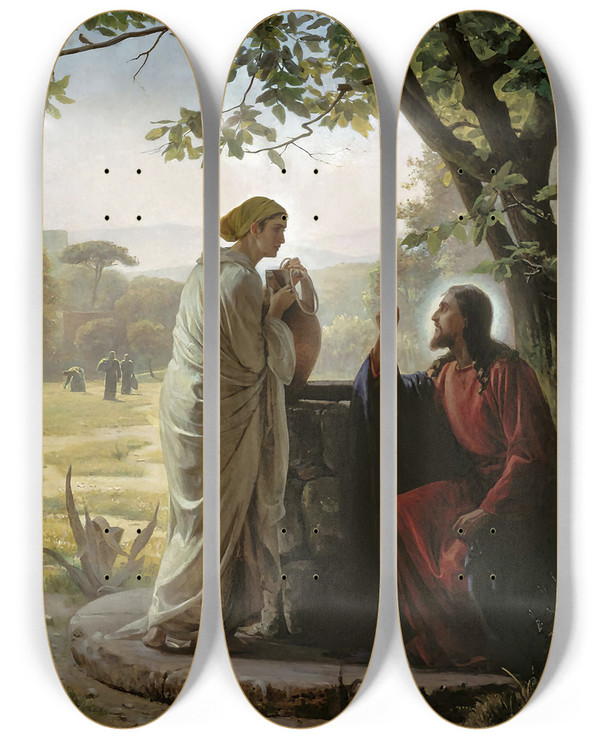 Triptych art skateboard deck of Carl Bloch Woman At The Well by Carl Bloch (1834-1890)