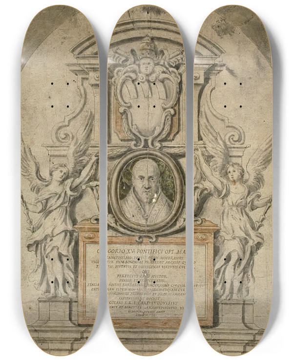 Triptych art skateboard deck of After Alessandro Algardi Design For Memorial To Pope Gregory Xv by After Alessandro Algardi (1598-1654)