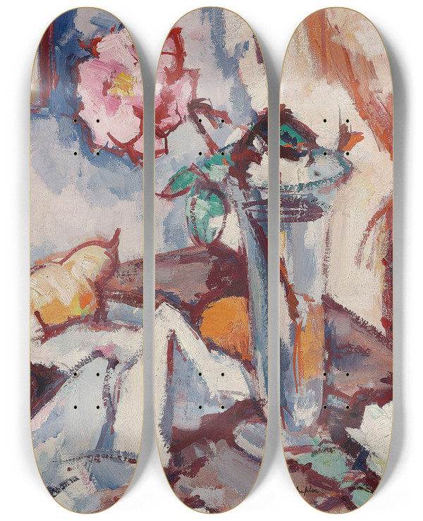 Triptych art skateboard deck of Samuel John Peploe Pink Rose In A Glass Vase With Fruit by Samuel John Peploe (1871-1935)