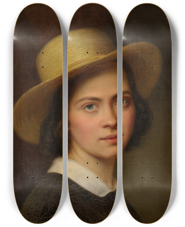 Triptych art skateboard deck of Julie Wilhelmine Hagenschwarz Selfportrait With A Strawhat by Julie Wilhelmine Hagen-Schwarz (1824-1902)