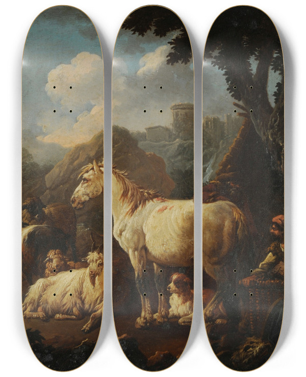 Triptych art skateboard deck of Philipp Peter Roos Shepherd And Animals In A Landscape by Philipp Peter Roos (1657-1706)