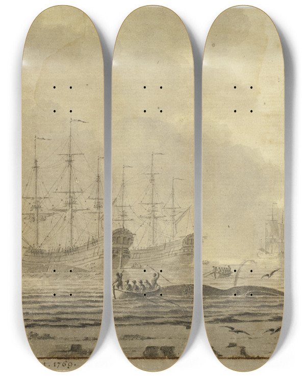 Triptych art skateboard deck of Cornelis De Grient Whaling Ships And Small Boats With Whale by Cornelis de Grient (1691-1783)