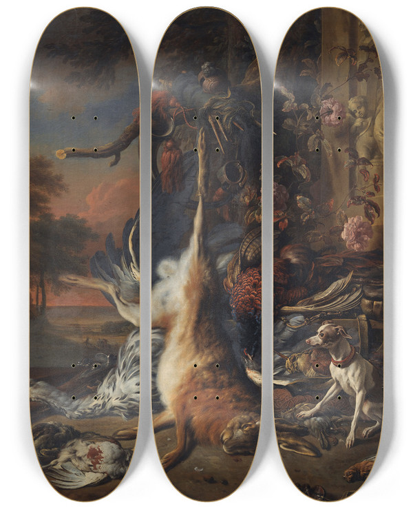 Triptych art skateboard deck of Jan Weenix Dead Game by Jan Weenix (1641-1719)
