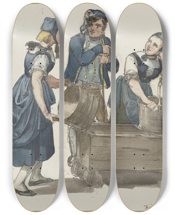 Triptych art skateboard deck of Jakob Frchtegott Dielmann Zwei Mdchen Und Ein Bursche Am Brunnen by Jakob Furchtegott Dielmann (1809-1885)