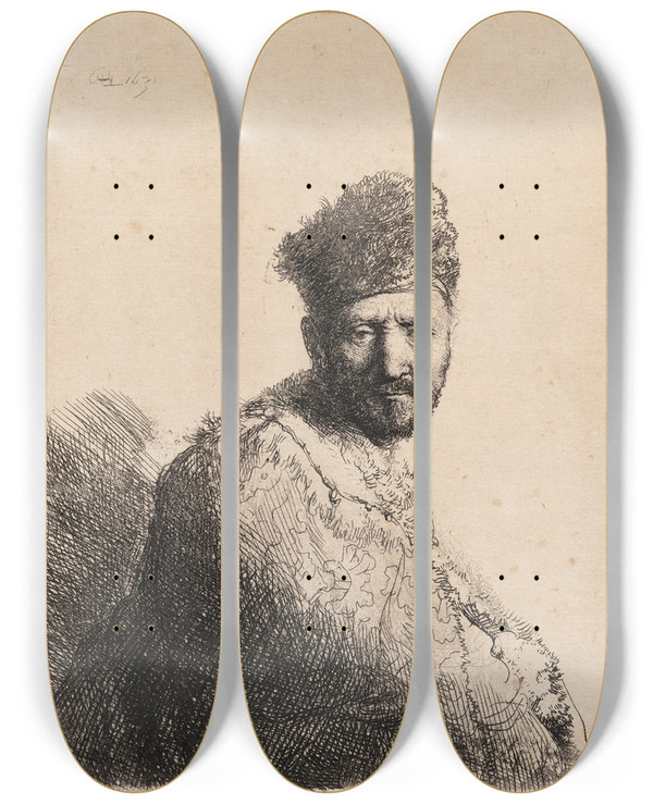 Triptych art skateboard deck of Rembrandt Van Rijn Bearded Man In A Furred Oriental Cap And Robe by Rembrandt Van Rijn (1606-1669)