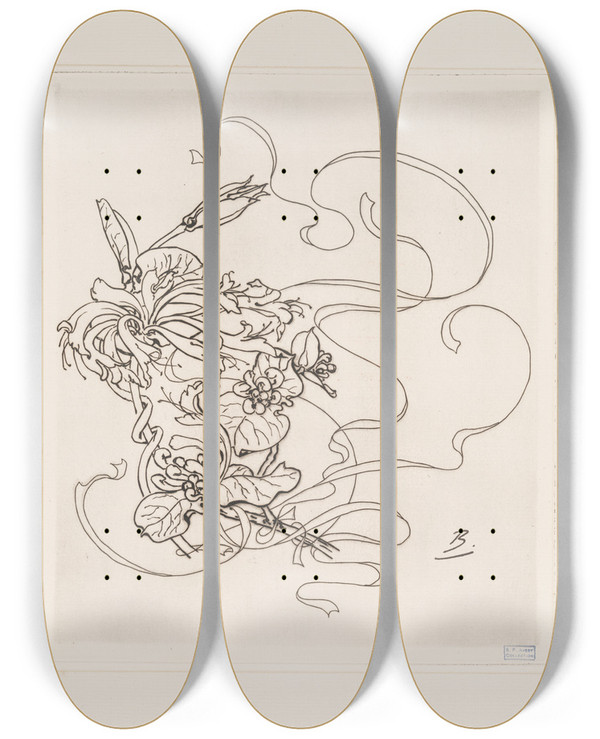 Triptych art skateboard deck of Flix Bracquemond Assiette Chevrefeuille by Felix Bracquemond (1833-1914)