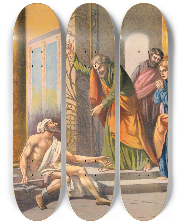 Triptych art skateboard deck of Stecher Litho Co Peter And John In The Temple by Stecher Litho Co (1871)