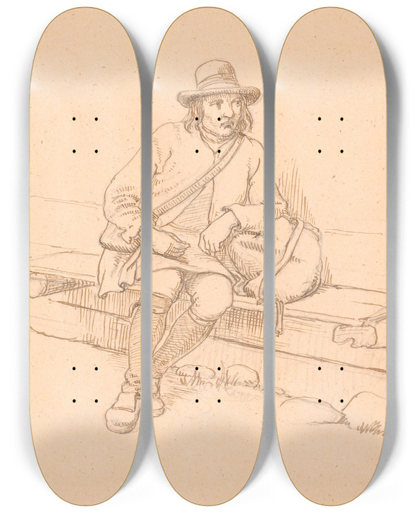 Triptych art skateboard deck of Wilhelm Marstrand Siddende Svensk Vandringsmand by Wilhelm Marstrand (1810-1873)