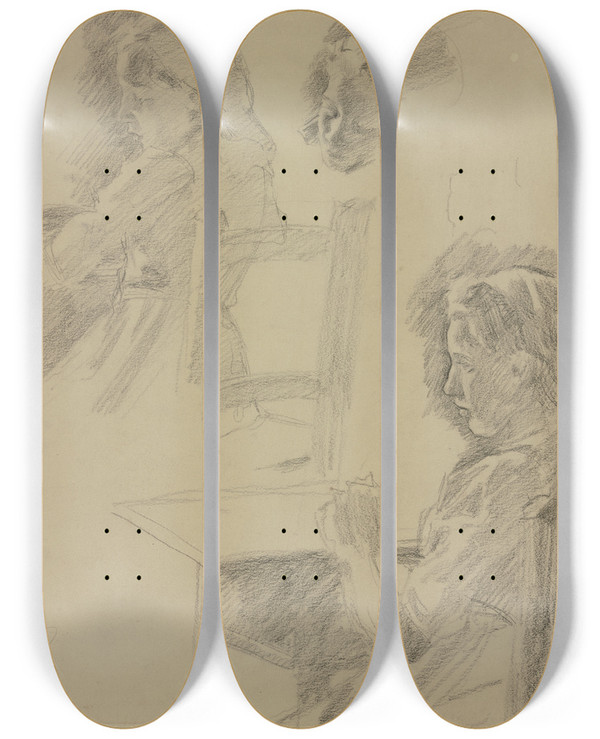 Triptych art skateboard deck of Alois Penz Girl At The Sewing Table by Alois Penz (1853-1910)