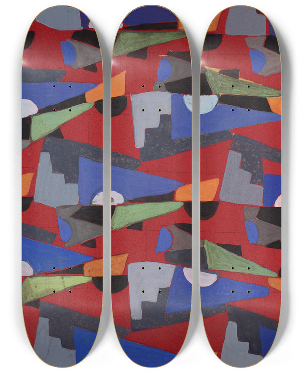 Triptych art skateboard deck of Frances Hodgkins Untitled Textile Design No Viii by Frances Hodgkins (1869-1947)