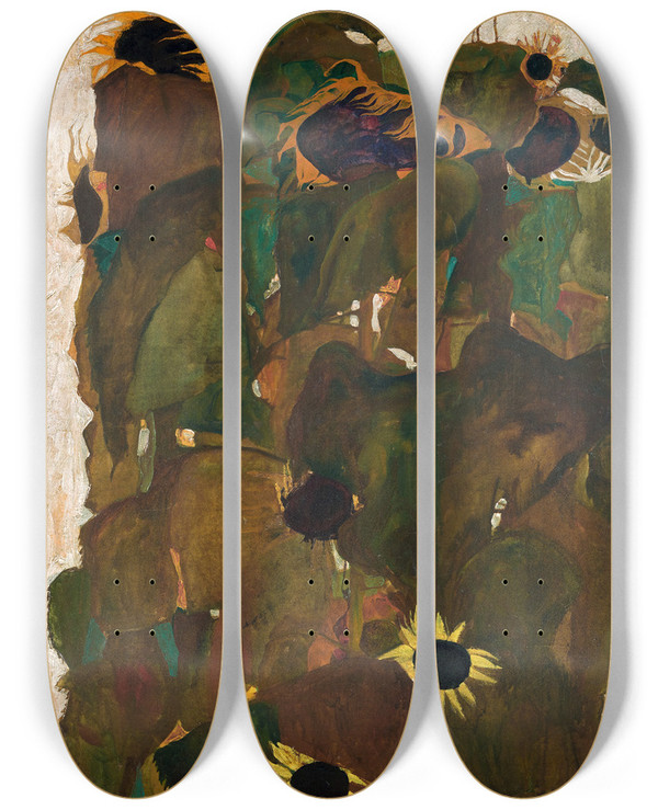 Triptych art skateboard deck of Egon Schiele Sonnenblumen I by Egon Schiele (1890-1918)