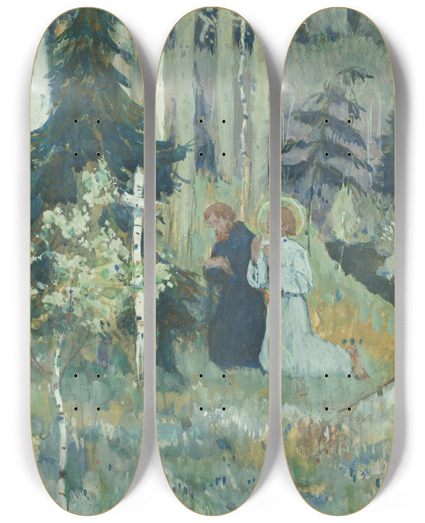 Triptych art skateboard deck of Mikhail Nesterov The Founding Of Trinity Sergius Monastery by Mikhail Nesterov (1862-1942)