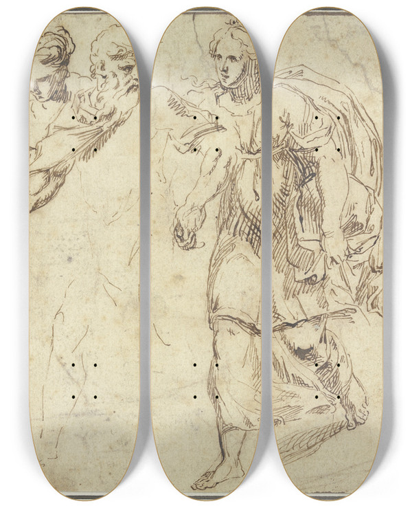 Triptych art skateboard deck of Raymond Lafage Lot Flieht Mit Seinen Tchtern by Raymond Lafage (1656-1682)