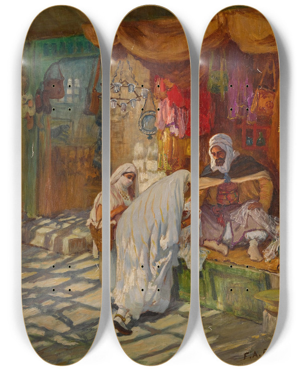 Triptych art skateboard deck of Frederick Arthur Bridgman The Bazaar by Frederick Arthur Bridgman (1847-1928)
