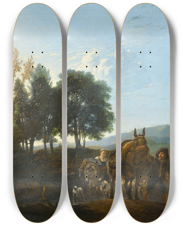 Triptych art skateboard deck of Karel Dujardin Landscape With Mule Driver by Karel Dujardin (1622-1678)