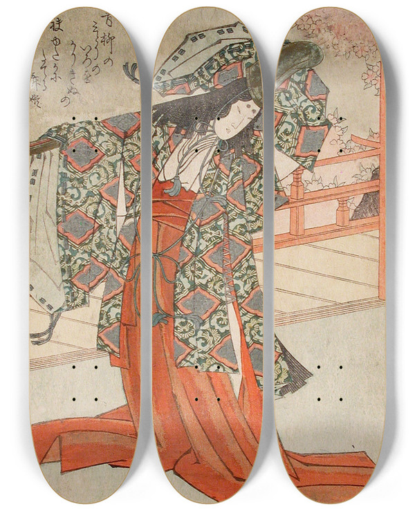 Triptych art skateboard deck of Yashima Gakutei The Dancer Gi by Yashima Gakutei (1786-1868)