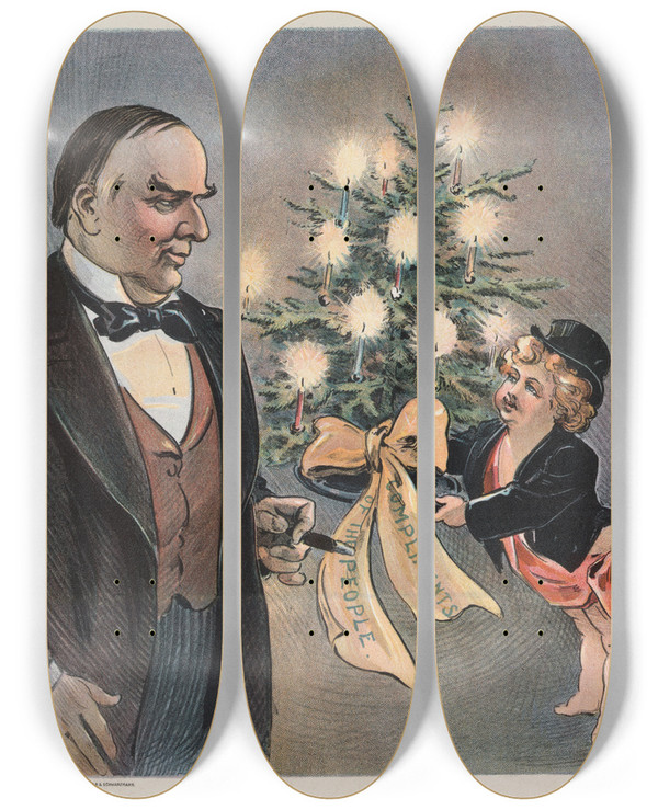 Triptych art skateboard deck of Udo Keppler A Merry Christmas by Udo Keppler (1872-1956)