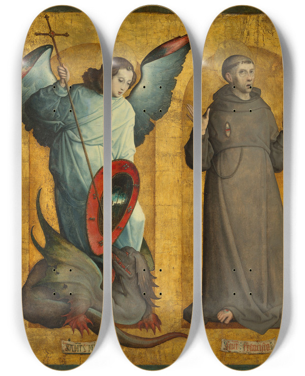 Triptych art skateboard deck of Juan De Flandes Saints Michael And Francis by Juan de Flandes (1460-1519)