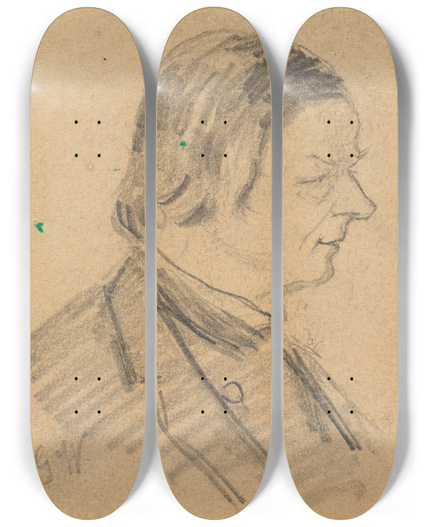 Triptych art skateboard deck of Gustav Wentzel Man In Profile by Gustav Wentzel (1859-1927)