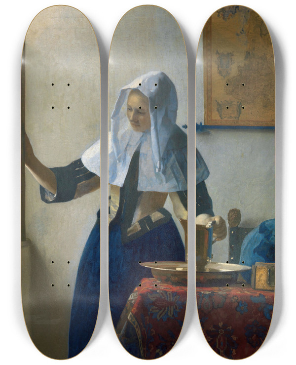 Triptych art skateboard deck of Johannes Vermeer Young Woman With A Water Pitcher by Johannes Vermeer (1632-1675)