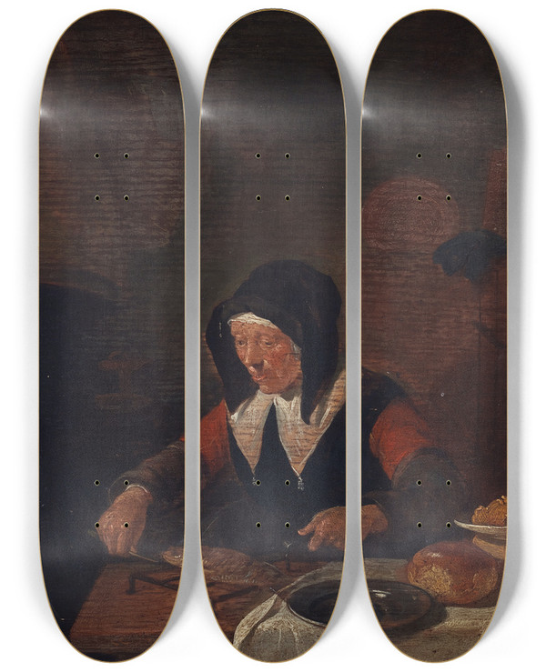 Triptych art skateboard deck of Quirijn Van Brekelenkam Old Woman At Her Meal by Quirijn Van Brekelenkam (1622-1669)