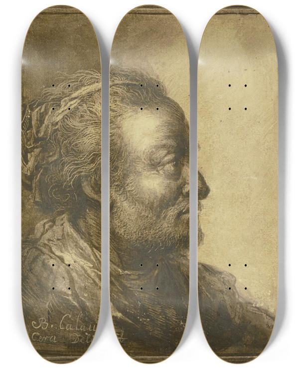 Triptych art skateboard deck of Benjamin Calau Profilkopf Eines Brtigen Mannes Nach Rechts by Benjamin Calau (1724-1785)