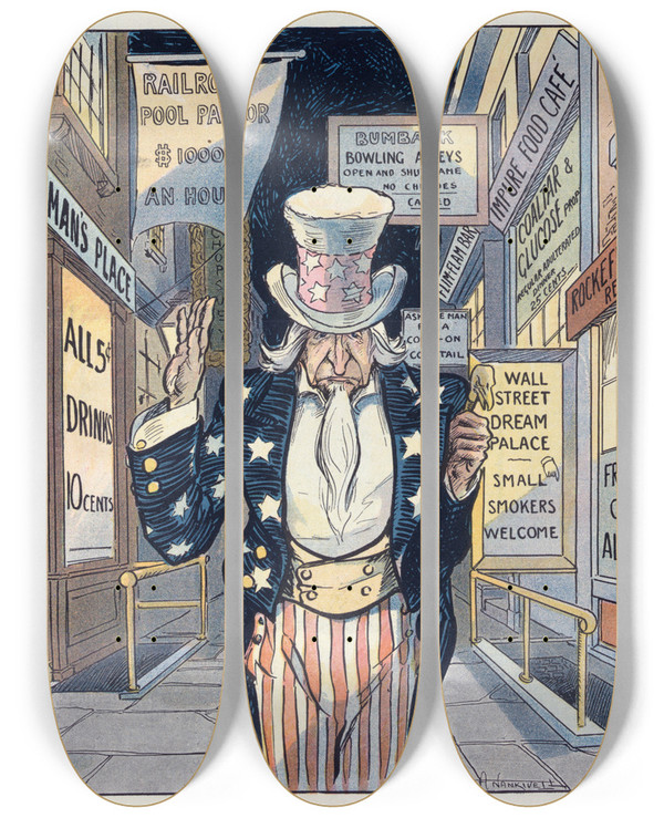 Triptych art skateboard deck of Frank Arthur Nankivell Never Again by Frank Arthur Nankivell (1869-1959)