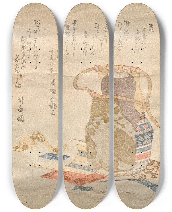 Triptych art skateboard deck of Kubo Shunman Yellow From The Series Tea Utensils In Fivecolors by Kubo Shunman (1757-1820)