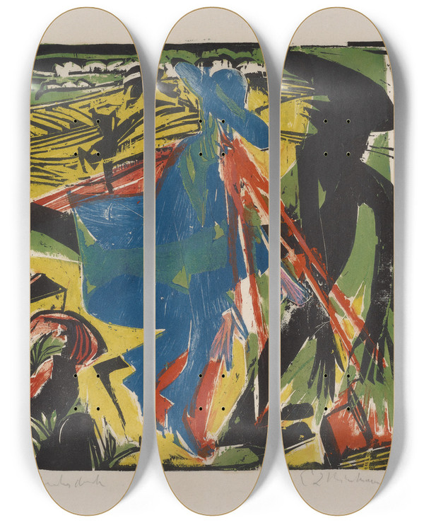 Triptych art skateboard deck of Ernst Ludwig Kirchner Schlemihls Begegnung Mit Dem Schatten by Ernst Ludwig Kirchner (1880-1938)