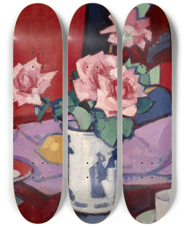 Triptych art skateboard deck of Samuel John Peploe Pink Roses Chinese Vase by Samuel John Peploe (1871-1935)