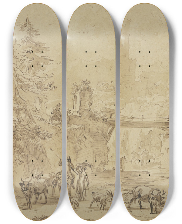 Triptych art skateboard deck of Nicolaes Pietersz Berchem Burgruine Ber Dem Wasser Ein Steg Im Vordergrund Hirte Zu Esel Und Hirten Zu Fu Mit Vieh by Nicolaes Pietersz Berchem (1620-1683)