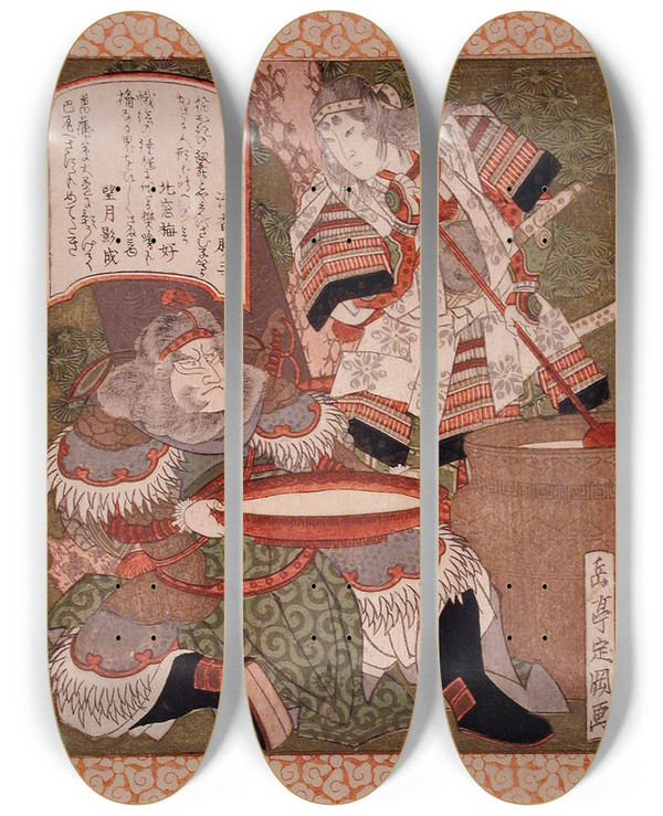 Triptych art skateboard deck of Yashima Gakutei Tomoe Gozen And Fan Kuai by Yashima Gakutei (1786-1868)