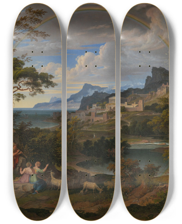 Triptych art skateboard deck of Joseph Anton Koch Heroic Landscape With Rainbow_2 by Joseph Anton Koch (1768-1839)