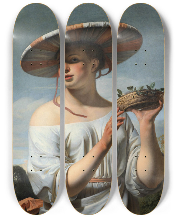 Triptych art skateboard deck of Caesar Van Everdingen Girl In A Large Hat by Caesar Van Everdingen (1617-1678)