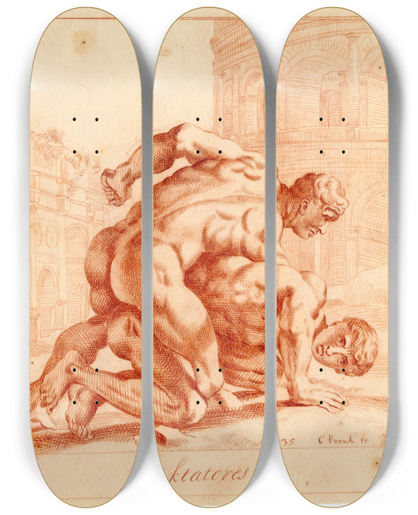 Triptych art skateboard deck of Cornelis Pronk Beeld Van Twee Worstelaars_2 by Cornelis Pronk (1691-1759)