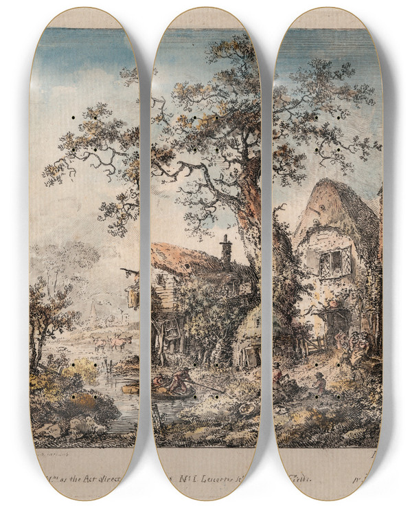 Triptych art skateboard deck of Elias Martin Rustic Scene With Cottage by Elias Martin (1739-1818)