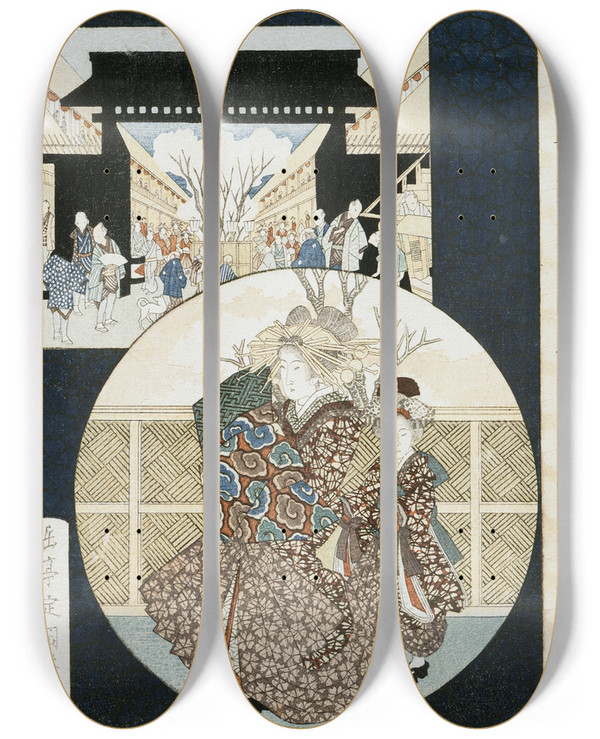 Triptych art skateboard deck of Yashima Gakutei Courtesan And Attendant At The Yoshiwara District Gate_1 by Yashima Gakutei (1786-1868)