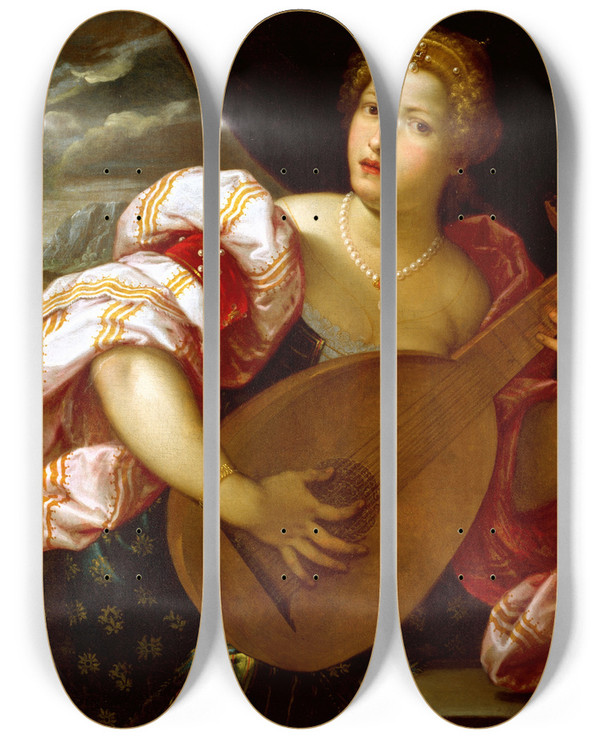 Triptych art skateboard deck of Parrasio Micheli Young Woman Playing A Lute by Micheli Parrasio (1516-1578)