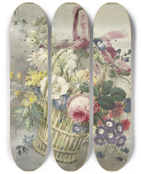 Triptych art skateboard deck of J H Van Loon Blumenstrau In Einem Aufgehngten Krbchen by J H Van Loon (1711-1787)